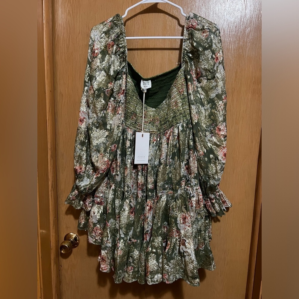 HEMANT & NANDITA Green Floral Mini Dress